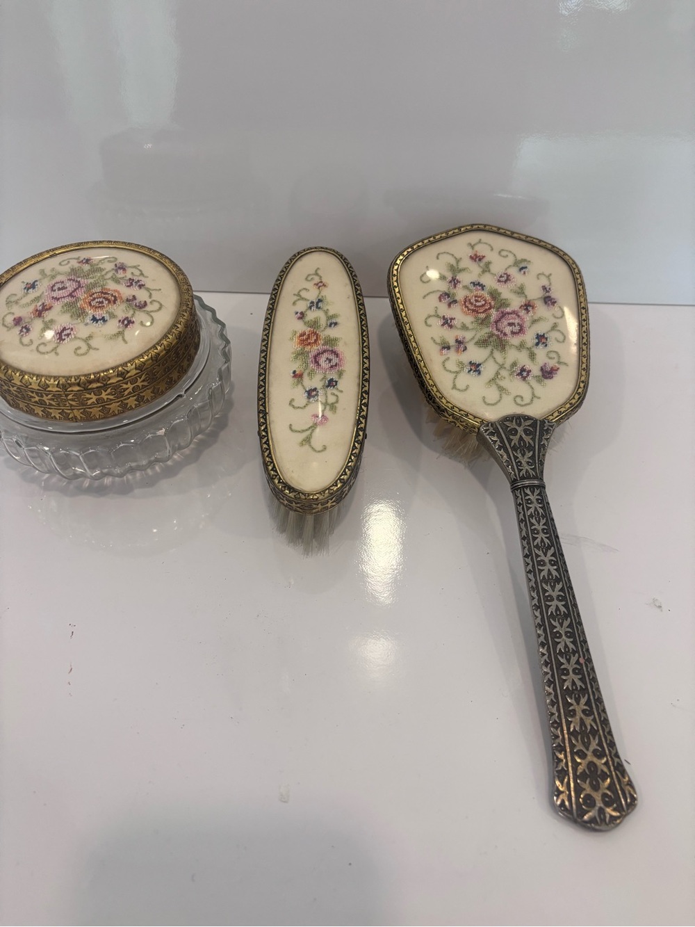Vintage Piccadilly England petit point embroidered 3 piece vanity set